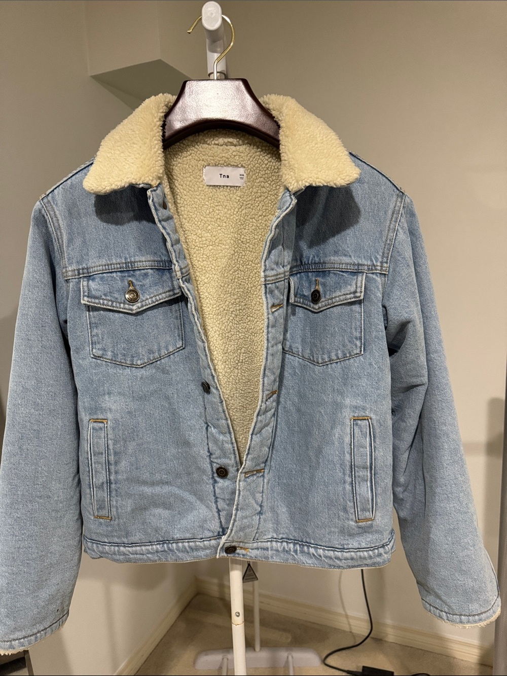 TNA Light Blue Denim Jacket with Cream Sherpa Collar